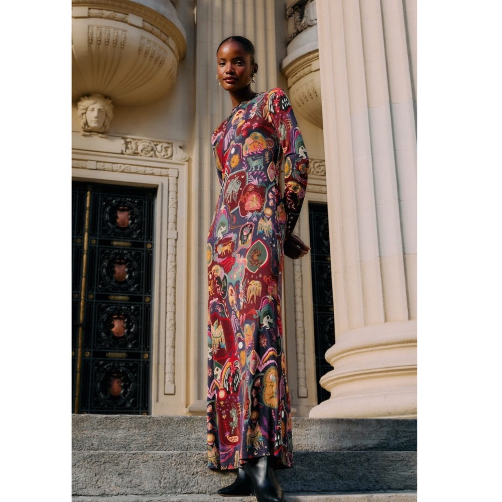 FARM Rio Rio Multicolor Artsy Surreal Land Long Sleeve Maxi Dress Size XL NWT - Picture 13 of 16
